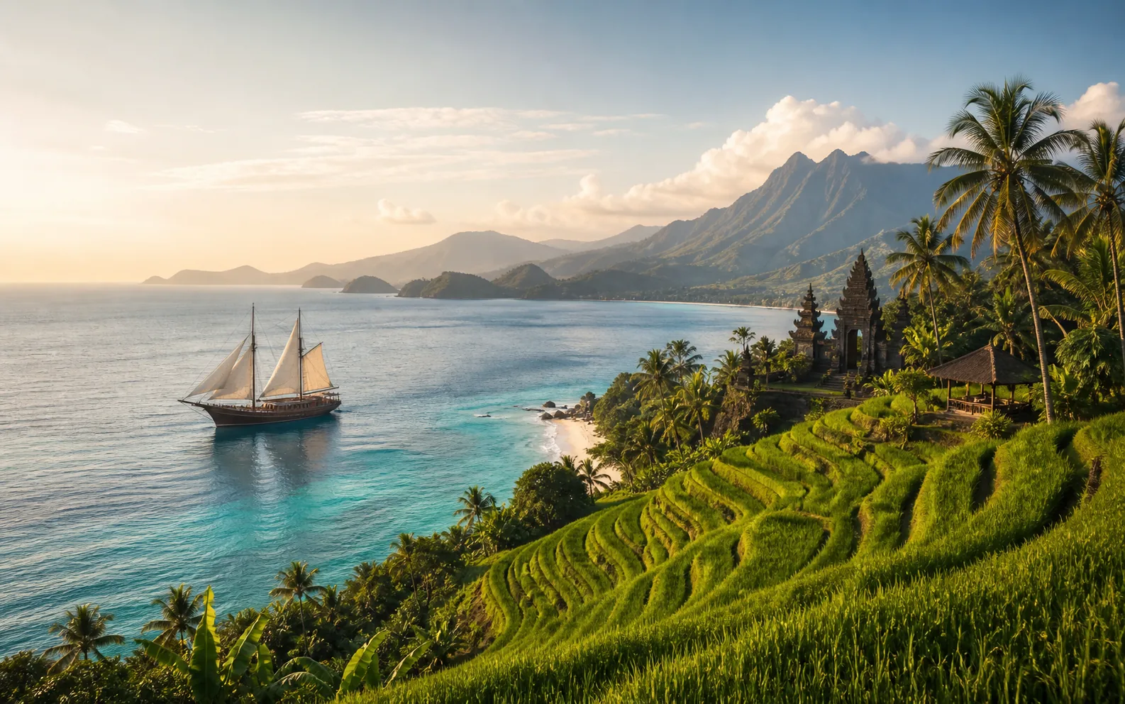 Luxury sailing, coastline, temple, and rice terraces in Indonesia